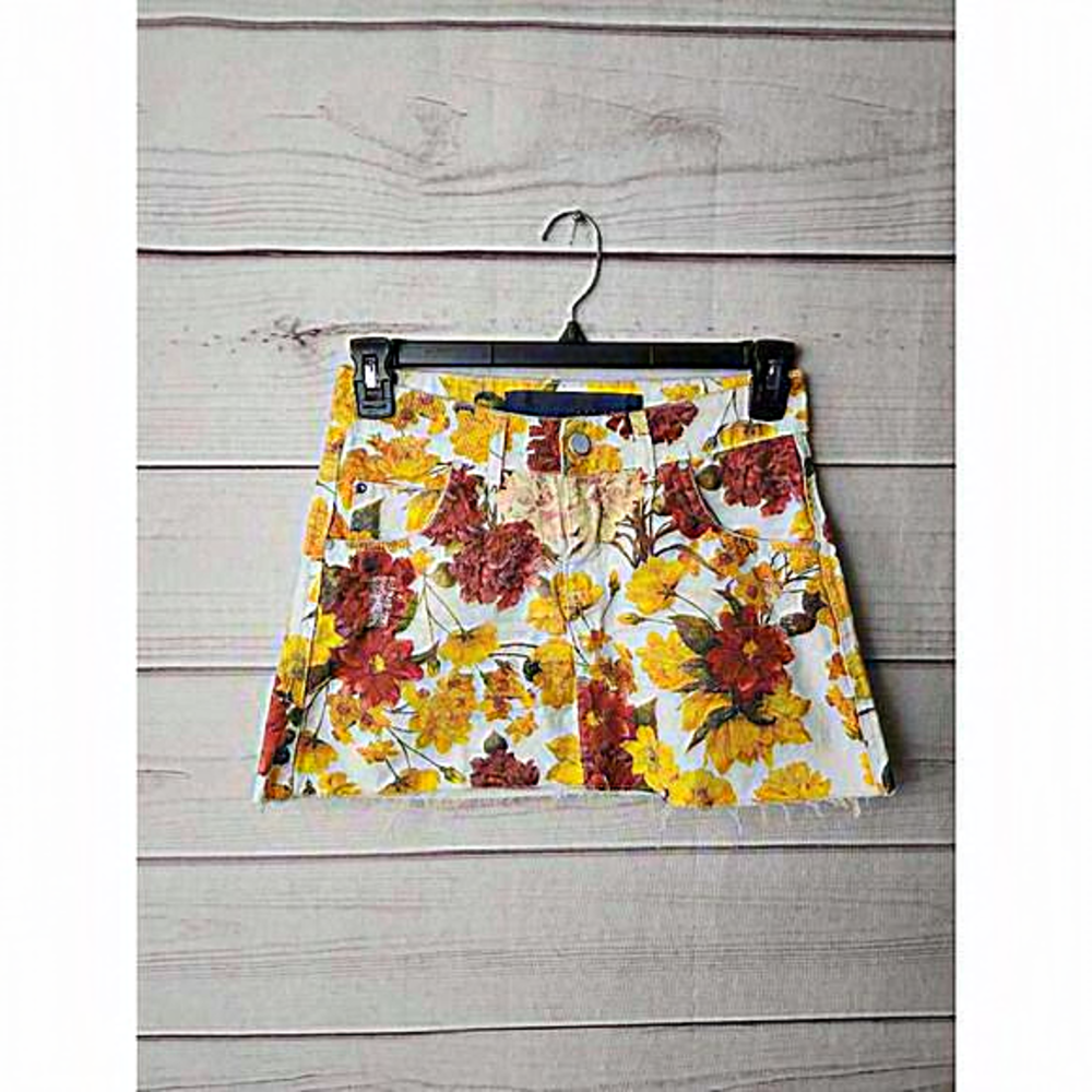 Afghan Womens Jean‎ Skirt Multicolor Floral Mini Pockets Fray Hem Zip Denim 38